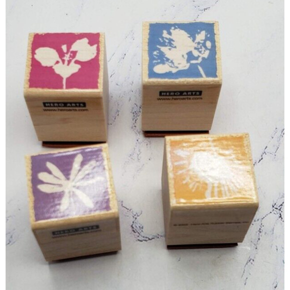 Hero Arts Quatros LL842 Flower Blocks Wood Mounted Rubber Stamps Set of 4 - Picture 2 of 11
